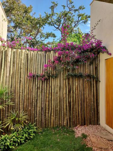a fence with pink flowers on top of it at Statera Host in Alto Paraíso de Goiás
