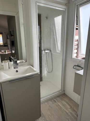 a white bathroom with a shower and a sink at Mobil Home Moderne avec grand terrasse in Gujan-Mestras
