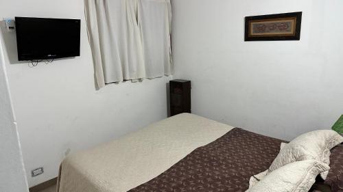 a small bedroom with a bed and a flat screen tv at Ayres del Lago in San Carlos de Bariloche