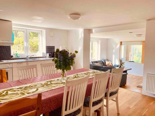 Bjurviks Villa - Flat 1 في Flen: مطبخ وغرفة طعام مع طاولة وكراسي