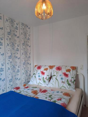 a bedroom with a bed with a pillow and a chandelier at Keller´s Ferienwohnung an der Saale in Schwarzenbach an der Saale