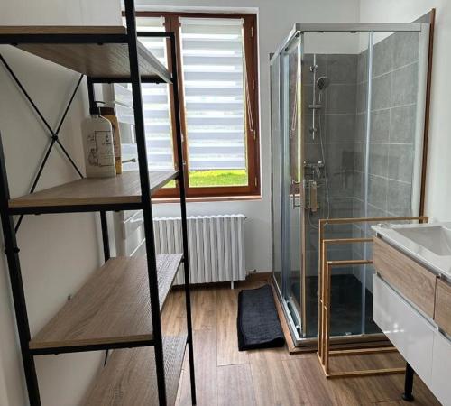 La petite salle de bains est pourvue d'une douche et d'une douche en verre. dans l'établissement Longère bretonne à 700m de la mer et à proximité de Paimpol, à Plouézec