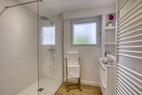 La salle de bains est pourvue d'une douche en verre avec une chaise. dans l'établissement Les mats du lac, à Annecy