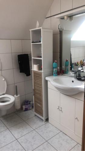 a bathroom with a sink and a toilet and a mirror at Chez lulu et aurelie in Meroux