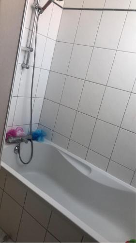 a bath tub with a shower with a hose at Chez lulu et aurelie in Meroux