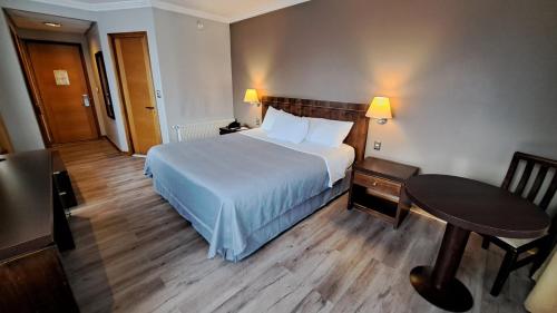 Hotel Diego de Almagro Coyhaique في كواهيك: غرفة في الفندق بسرير ومكتب وطاولة
