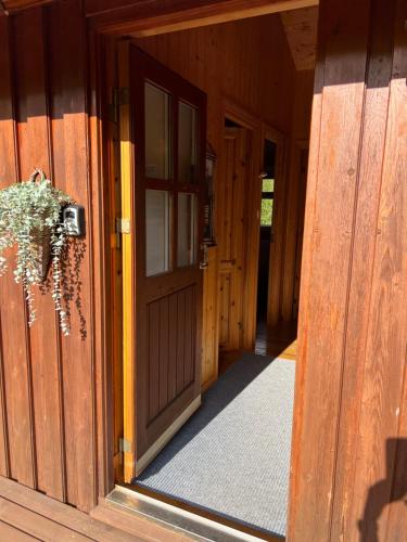 an open door of a wooden building with a plant at Summerhouse Vaglaskogur in Akureyri