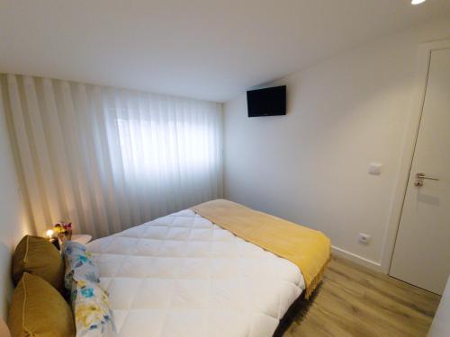 a small bedroom with a bed and a television at RAIO FLAT in Braga