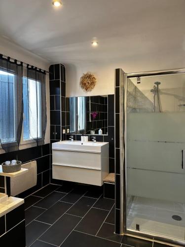 une salle de bain avec un lavabo et une douche dans l'établissement Maison de L'Aube, à Villes-sur-Auzon