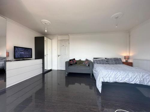a bedroom with a bed and a tv and a couch at Large room with balcony overlooking London in London