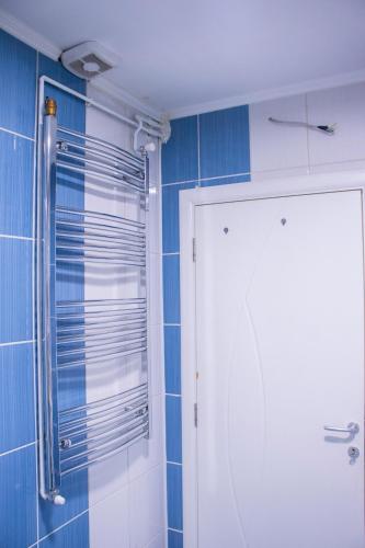 a bathroom with a shower and a white door at Apartmani Vrla in Vladičin Han