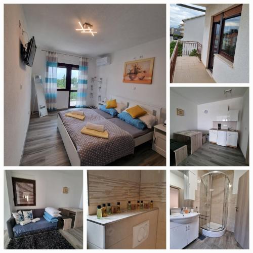 a collage of pictures of a bedroom and a bathroom at Villa Bravo in Podstrana