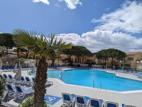 une grande piscine avec des chaises et un palmier dans l'établissement T3 clim piscine chauffée proche de la plage parking dans village vacances, au Cap d'Agde