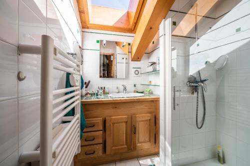 une petite salle de bain avec un lavabo et une douche dans l'établissement Chalet 5 personnes Morzine, à Morzine