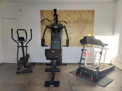a gym with several exercise bikes and a treadmill at Villa proche mer, montagne et Espagne in Le Soler