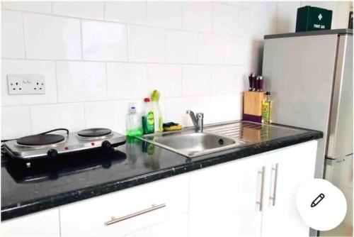 a kitchen counter with a stove and a sink at Comfortable flat in Central London in London