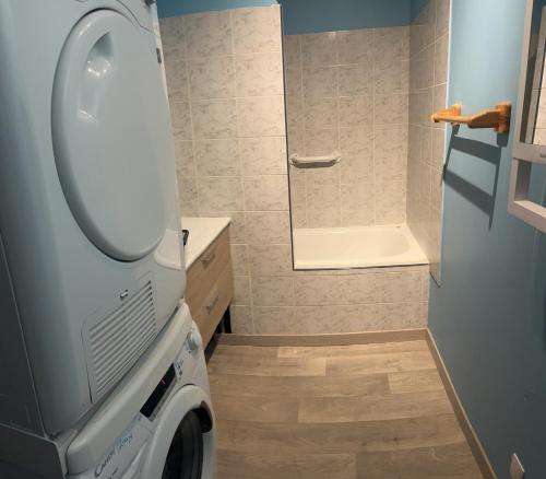 une petite salle de bains avec un lave-linge. dans l'établissement Maison de village, à Meysse