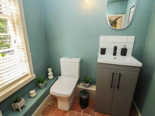 a bathroom with a toilet and a sink and a mirror at Number 7 in Telford