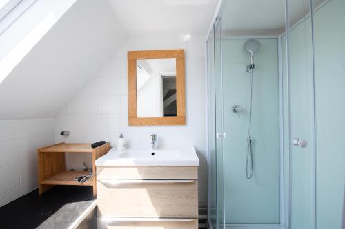 y baño con lavabo y ducha. en SOUVENIRS VIEUX LILLE Apartment 2 Chambres 24H24H Access en Lille