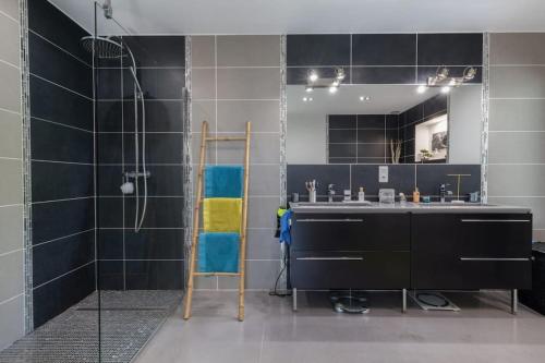 ein Bad mit einem Waschbecken und einer Dusche mit einem Spiegel in der Unterkunft Villa de charme in Cabriès