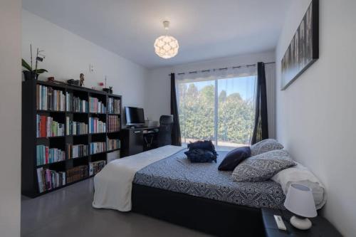 ein Schlafzimmer mit einem Bett und einem Bücherregal mit Büchern in der Unterkunft Villa de charme in Cabriès