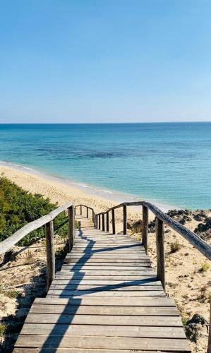 une promenade en bois menant à une plage avec l'océan dans l'établissement Le Perle, à Torre Ovo