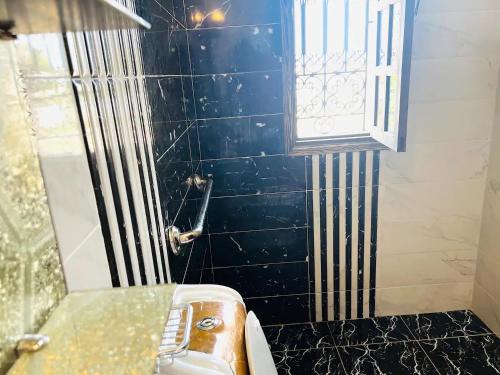 a bathroom with a shower and a toilet and a window at Unique Villa Castle With Pool in Essaouira