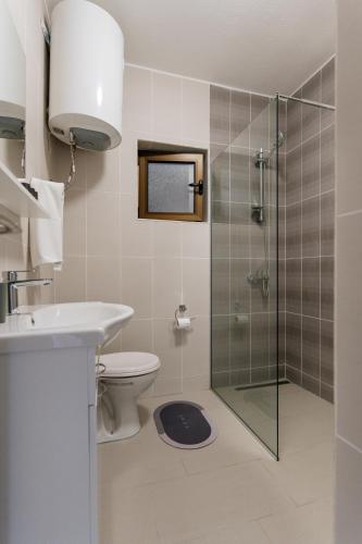 a bathroom with a glass shower stall and a toilet at Viewpoint Villa in Budva