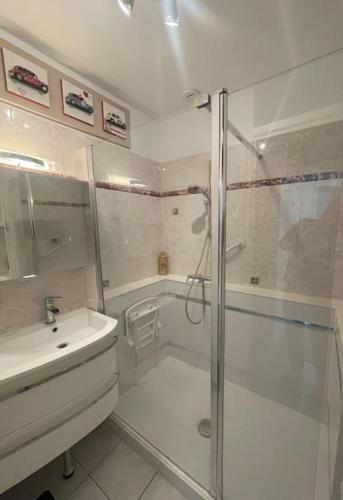une salle de bain avec douche et lavabo dans l'établissement Stade Rochelais, à La Rochelle