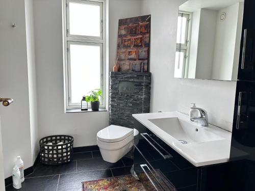 baño con lavabo y aseo y ventana en Boutique-Aalborg-Free parking - Citycenter, en Aalborg