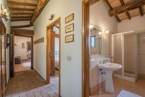 ein Bad mit einem Waschbecken, einer Dusche und einem Spiegel in der Unterkunft Tinaia in Siena