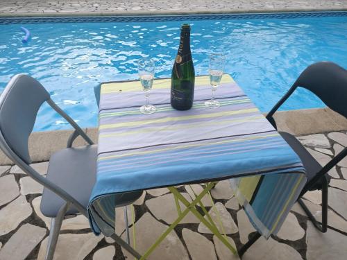 a bottle of wine sitting on a table next to a swimming pool at Chambre Wassai in Rémiré