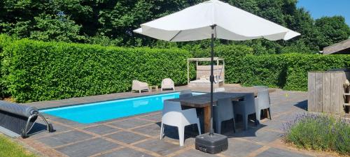 an umbrella and a table and chairs next to a pool at 8 person apartment with heated swimmingpool Hoek van Winssen in Winssen
