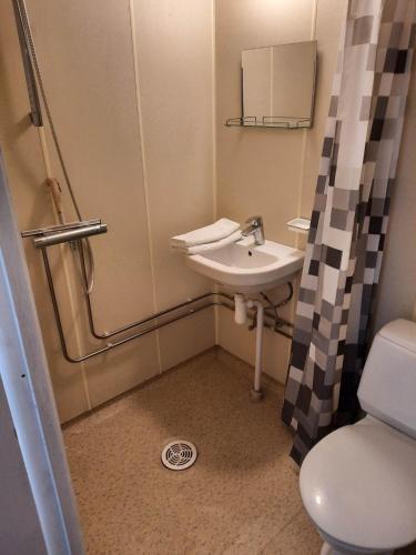 a small bathroom with a sink and a toilet at Vinland Apartment 1 in Egilsstaðir