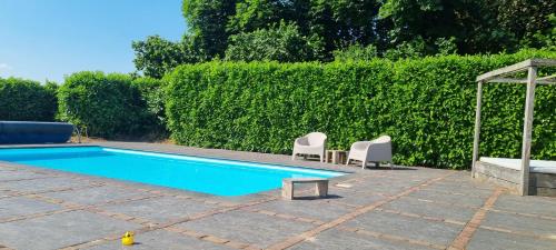 a swimming pool with two chairs next to a hedge at 8 person apartment with heated swimmingpool Hoek van Winssen in Winssen