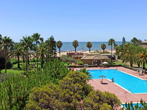 vista para a piscina num resort com palmeiras em Alcaudón 1 dormitorio by SIT ISLA CANELA em Isla Canela