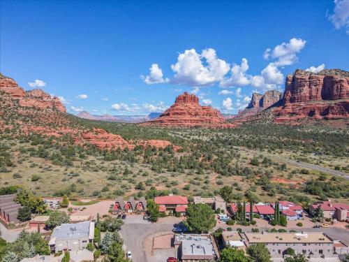 an aerial view of a village with red rocks at Adobe Village Villa with Private Patio- Wilderness villa in Sedona