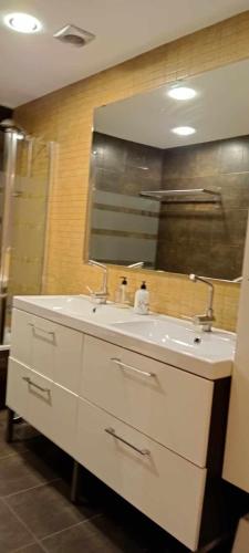 a bathroom with a white sink and a mirror at Apartamento Argualas V - WOWRURAL in Panticosa
