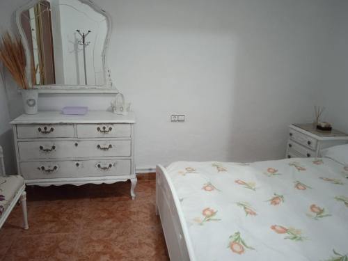 ein Schlafzimmer mit einem Bett und eine Kommode mit einem Spiegel in der Unterkunft El patio de Marcos in La Recueja