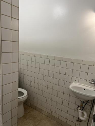 a bathroom with a toilet and a sink at Boat House Studio - Water Front Pets WiFi Smart TV apts in Norfolk