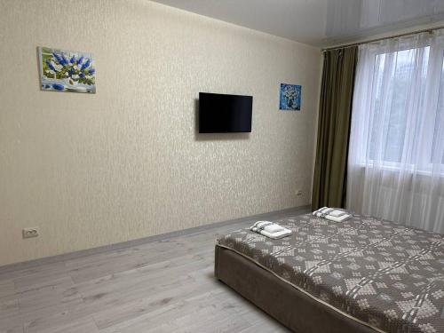 een slaapkamer met een bed en een televisie aan de muur bij Altair apartments Budova in Odessa