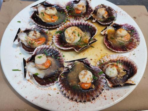 a plate of oysters on a white plate at Hotel Restaurante Las Camelias in Jarrio