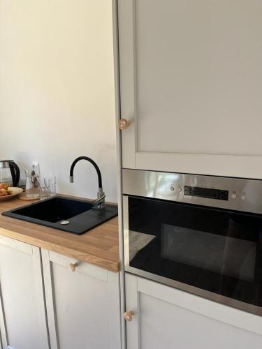 a kitchen with a sink and a microwave at Liwia Park Green House in Niechorze