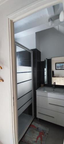 une salle de bain avec un lavabo et un miroir dans l'établissement 2 Pieces indépendant Peone-Valberg, à Péone