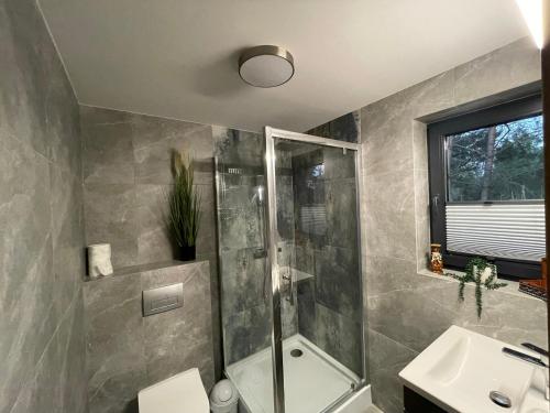 a bathroom with a shower and a toilet and a sink at U Progu Lasu in Budy
