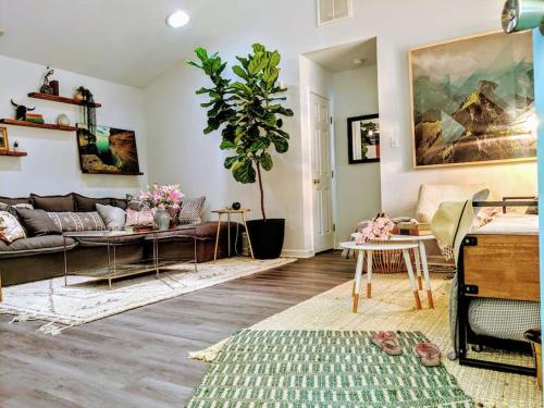 a living room with a couch and a potted plant at RARE Downtown Matthews walk 2 shops restauraunts hike CLT 2 Bedroom not 3br in Charlotte