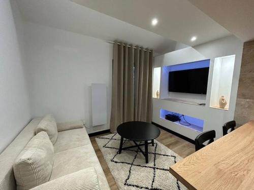 a living room with a couch and a table at Le Darcy, grand appartement centre ville Dijon, proche gare in Dijon