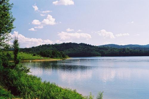 a view of a large lake with trees and clouds at UROCZYSKO-POLAŃCZYK Prywatne Jacuzzi i Sauna w cenie !!! in Polańczyk