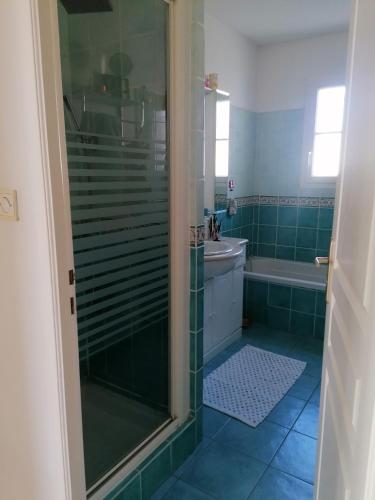 een badkamer met een douche, een toilet en een wastafel bij Chambre au coeur de la Sologne in Romorantin