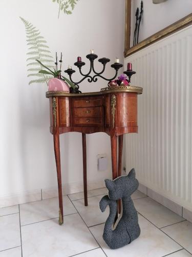 een houten tafel met kaarsen en een knuffelhond op de vloer bij Chambre au coeur de la Sologne in Romorantin